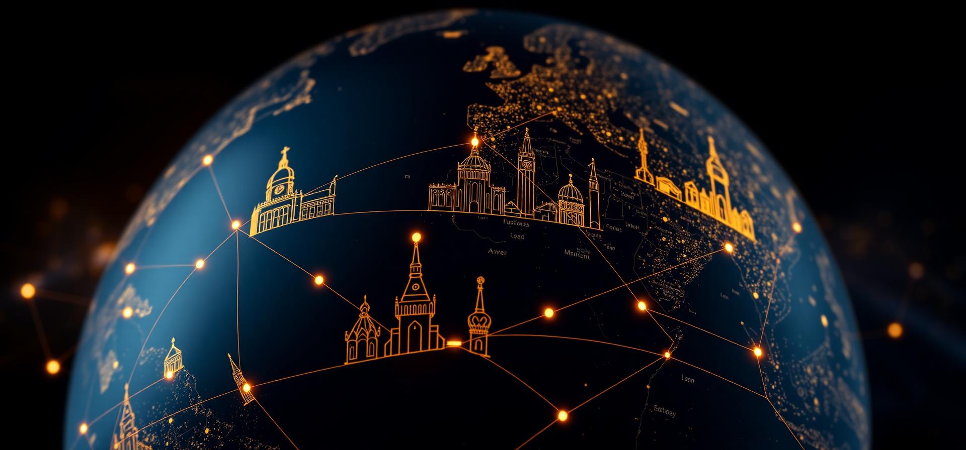 Global network of universities connected across a stylized globe