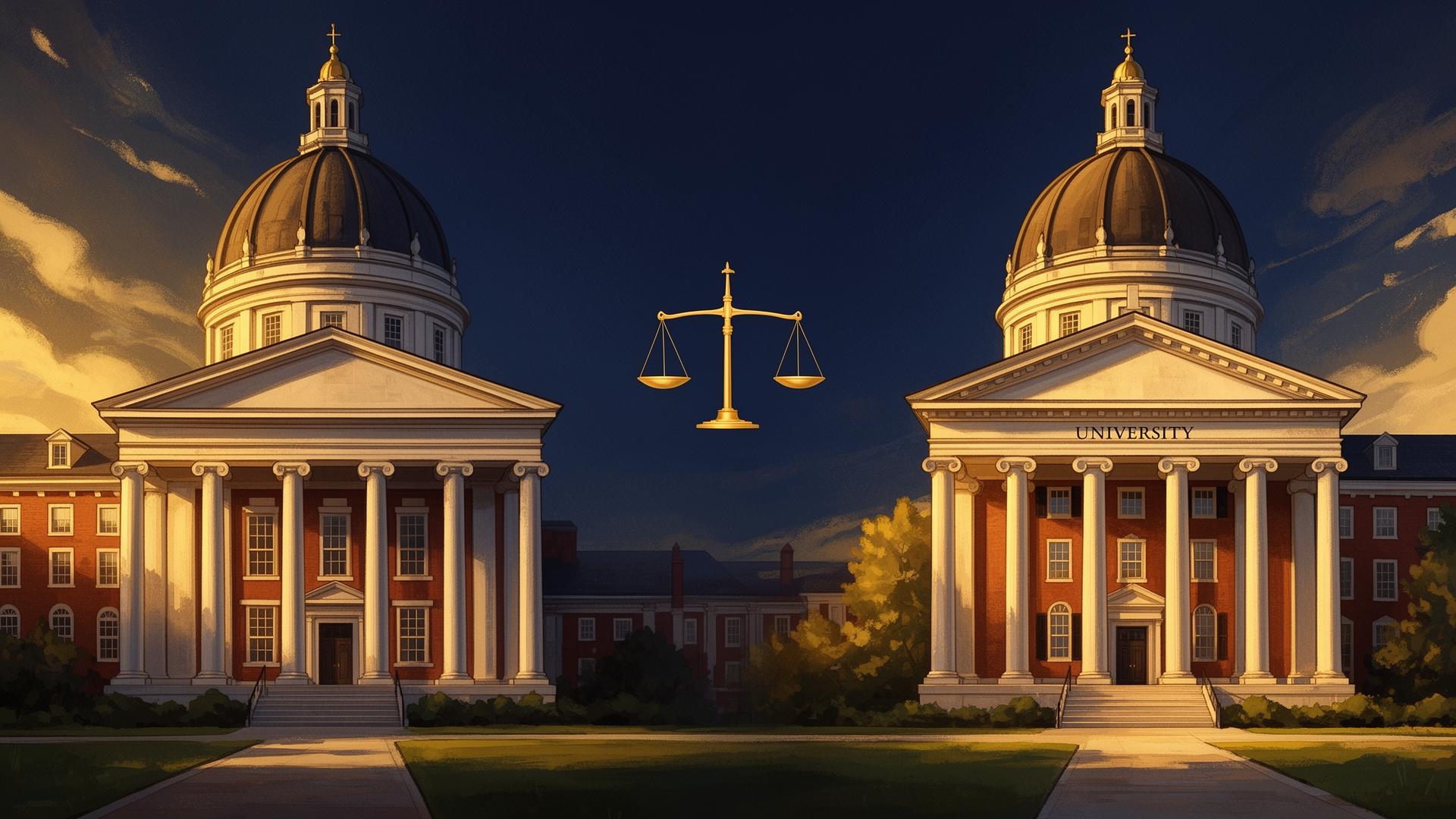 Two prestigious universities side by side with a golden balance scale between them